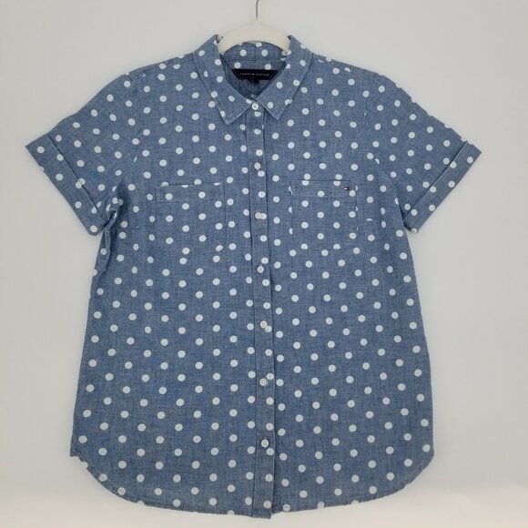 Tommy Hilfiger Tops - NWT Tommy Hilfiger Short Sleeved Button Down Shirt - Denim w/ white polka dots M